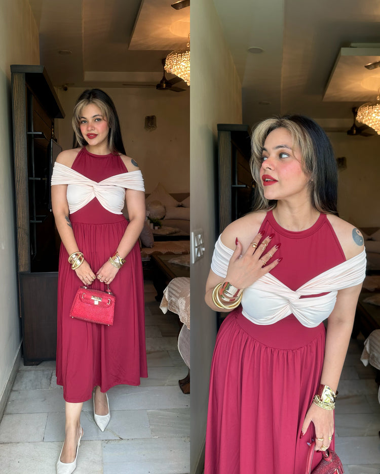 Burgundy cream drape stretchy dress