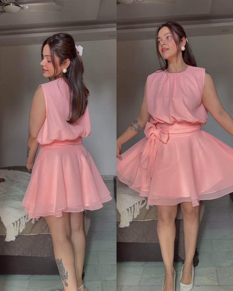 Peach bow belt flare dress