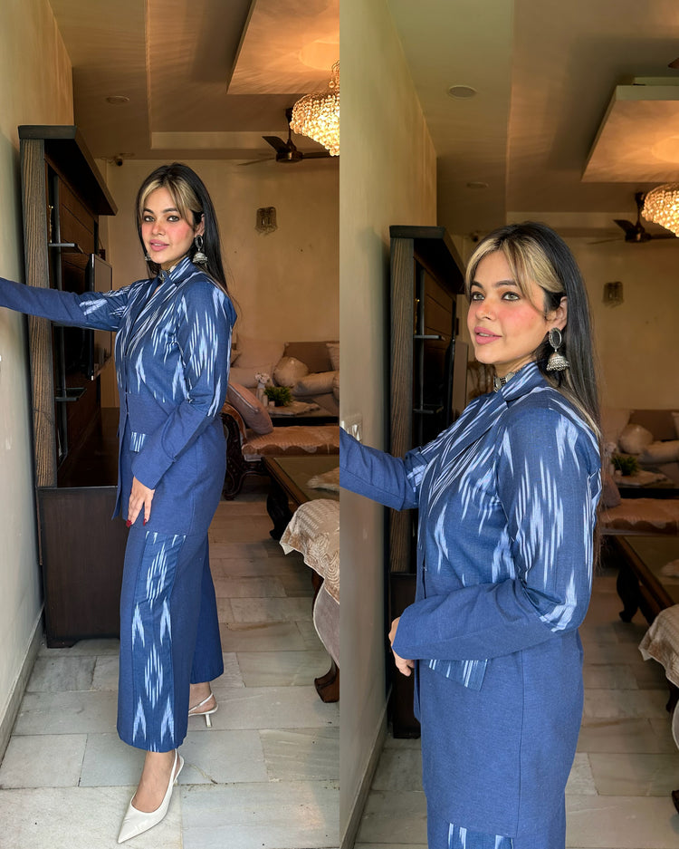 Blue cotton ikkat blazer set