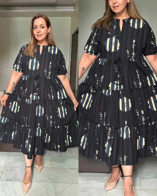 Black printed cotton flared dress
