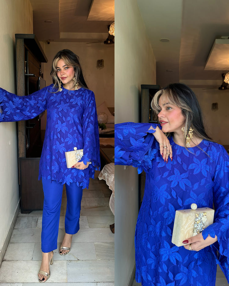 Royal blue cutwork kurti set