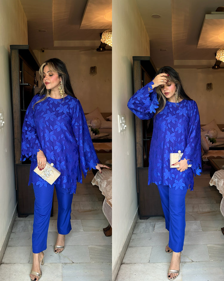 Royal blue cutwork kurti set