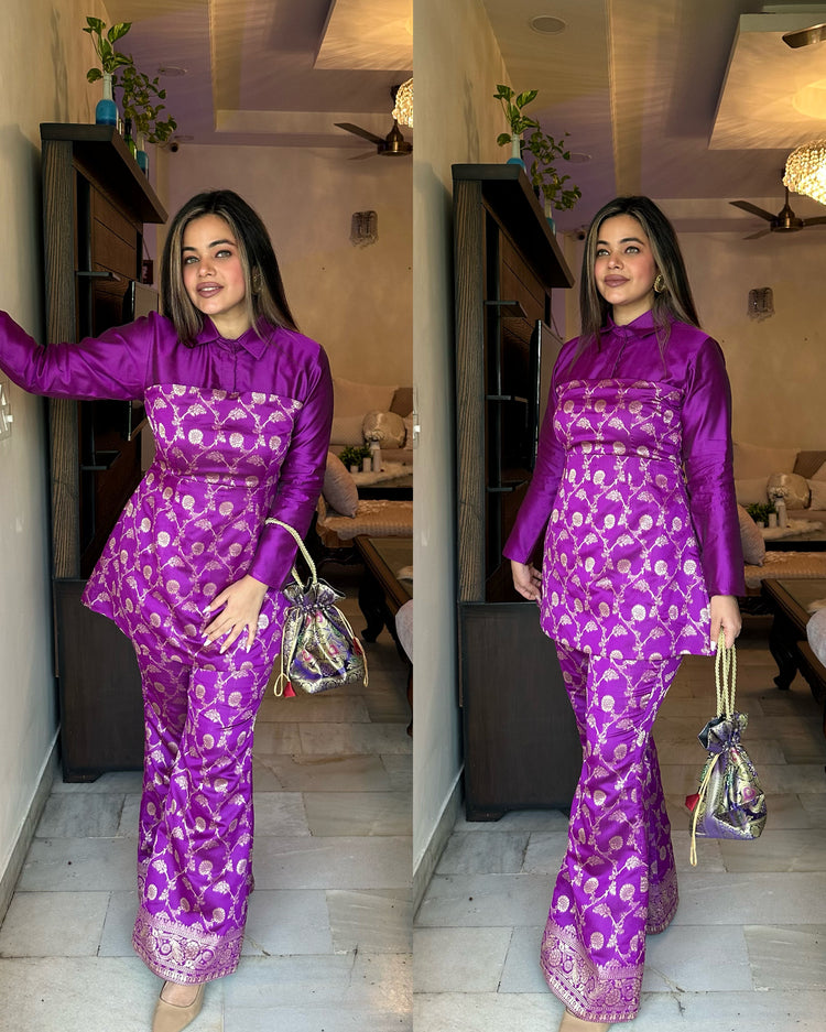 Purple brocade shirt silk set