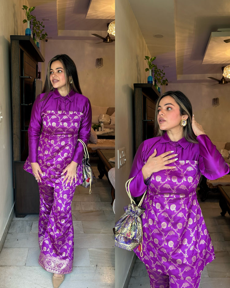 Purple brocade shirt silk set