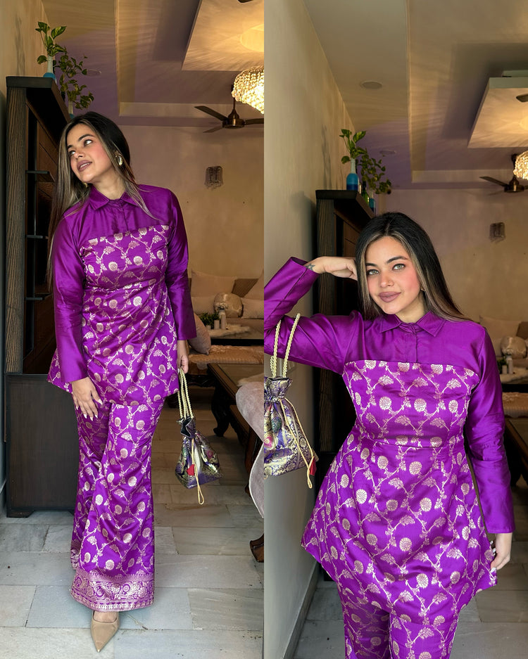 Purple brocade shirt silk set