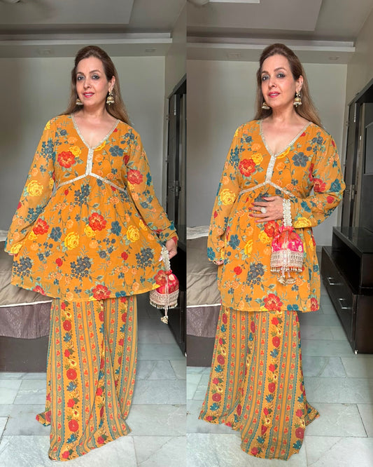 Mustard printed sharara festive set