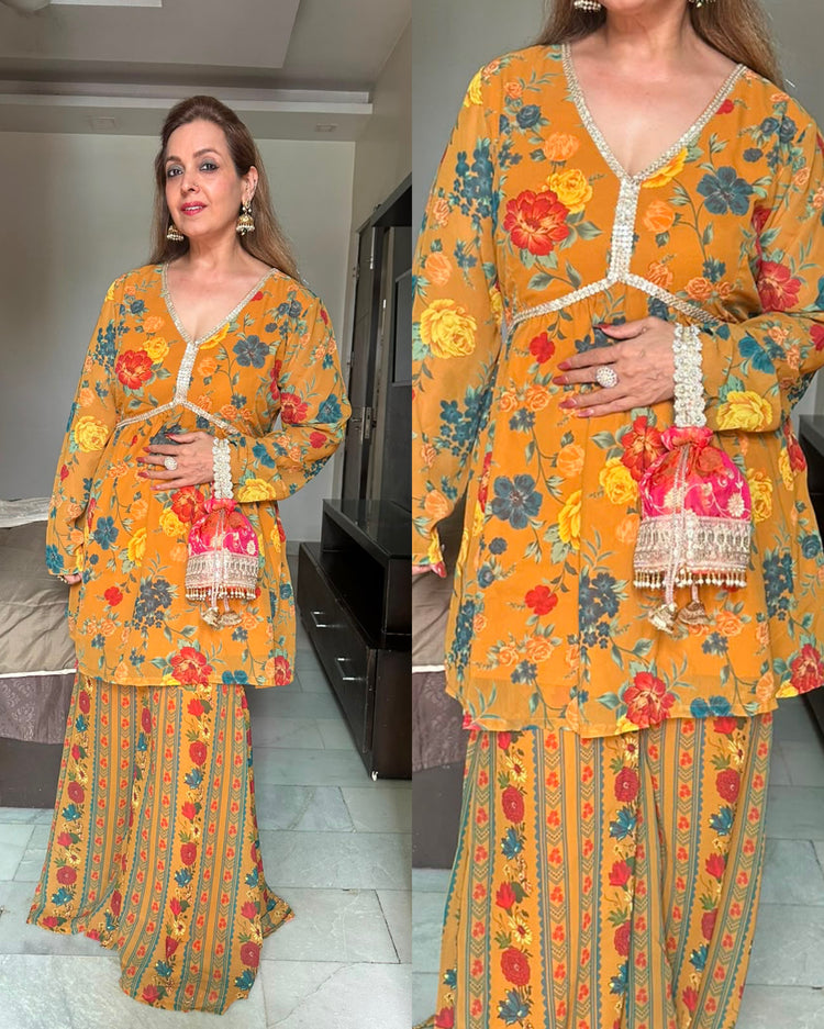 Mustard printed sharara festive set