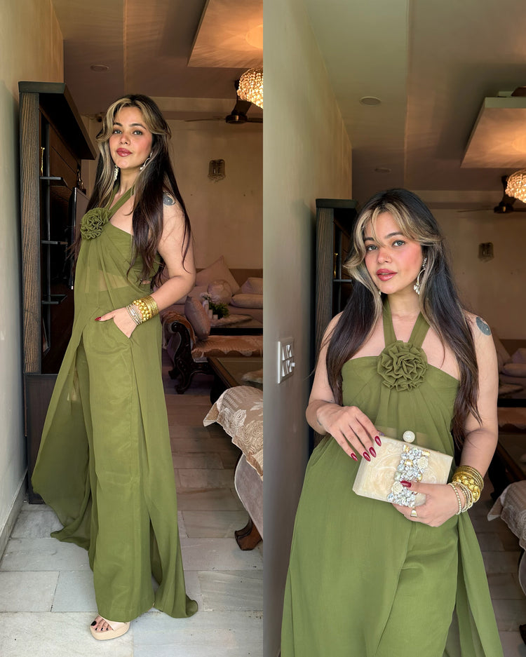 Green rose cape trouser set