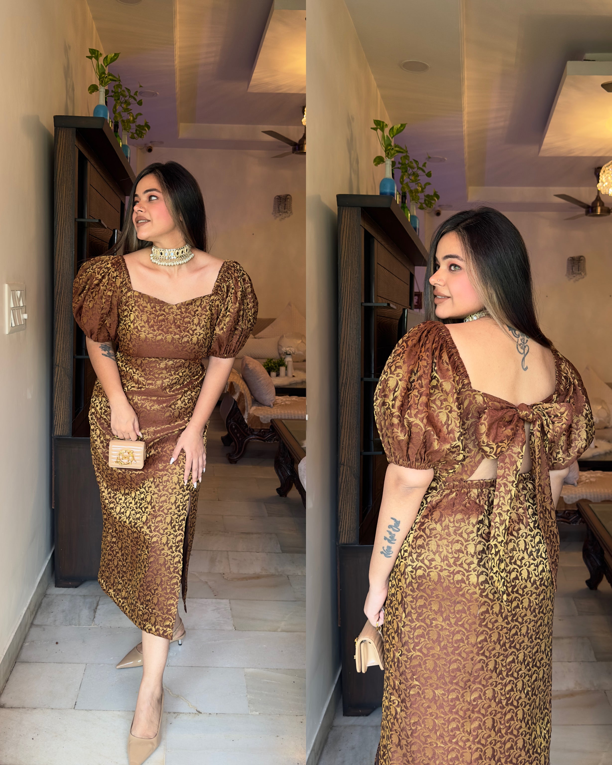 Brown gold silk backless dress – SRISHTI