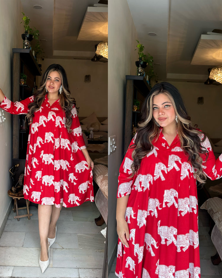 Red elephant cotton dress