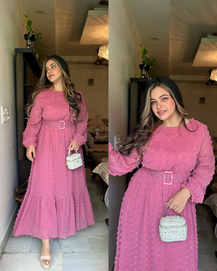 Pink self georgette dress with belt
