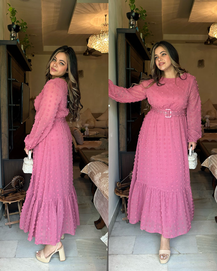 Pink self georgette dress with belt