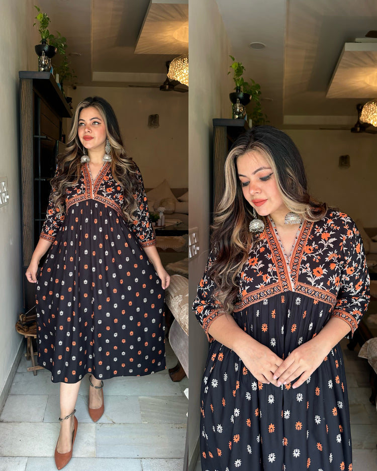 Orange black cotton dress