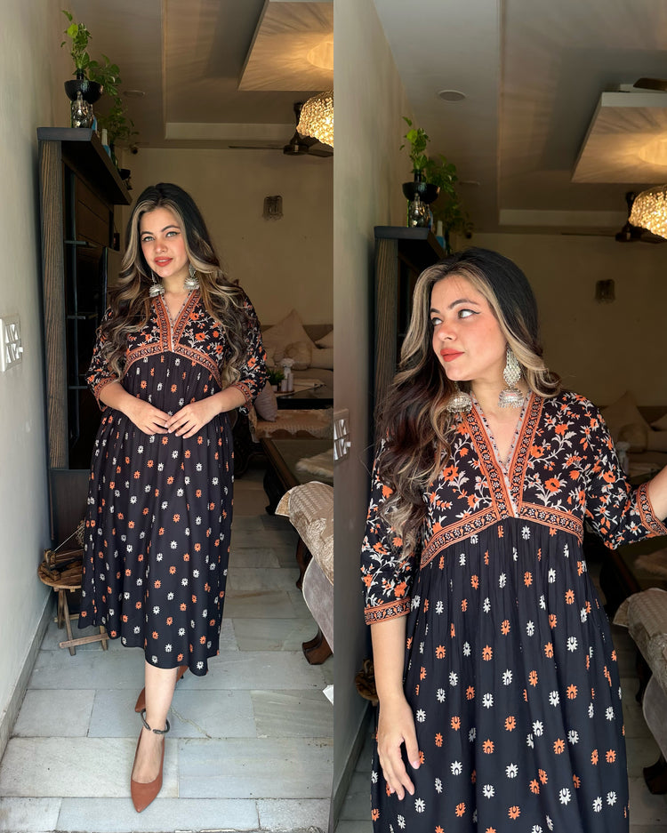 Orange black cotton dress