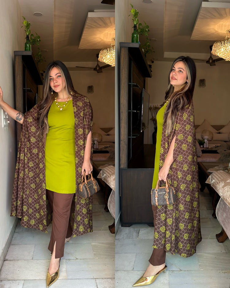 Brown green printed cape set