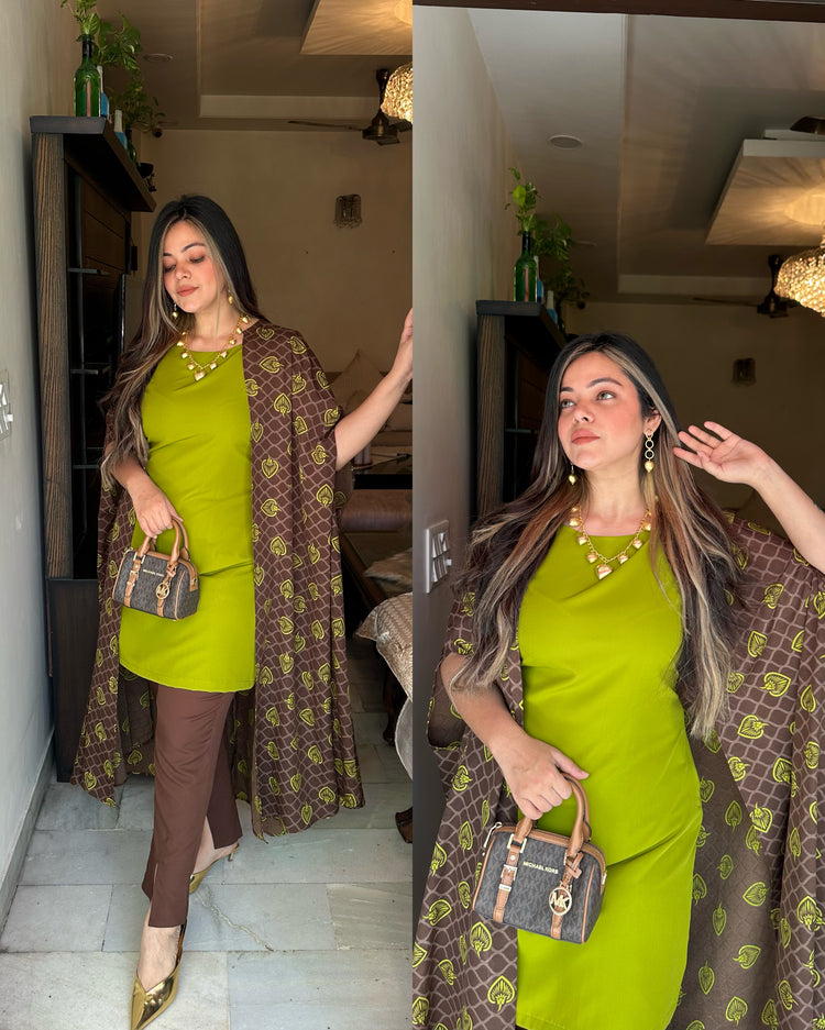 Brown green printed cape set