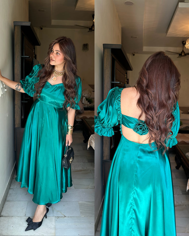 Turquoise satin flower gown