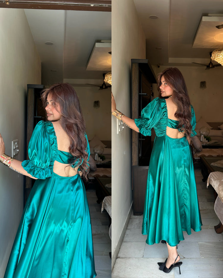 Turquoise satin flower gown