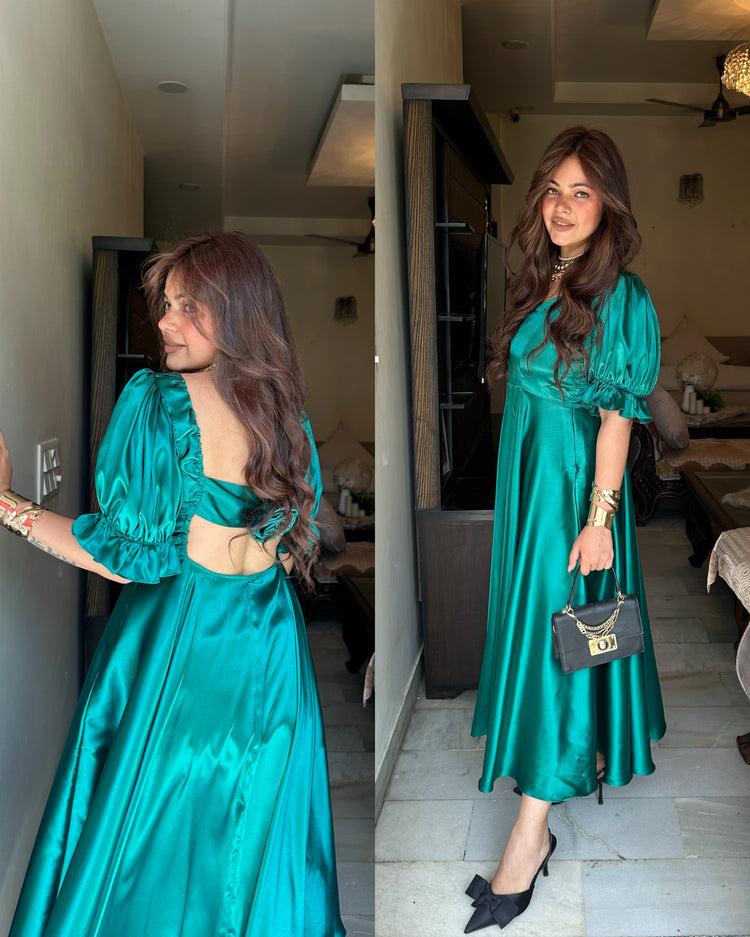 Turquoise satin flower gown