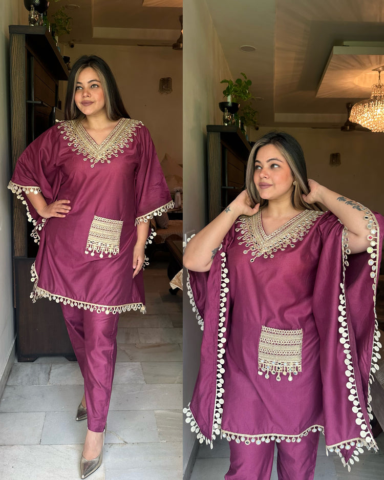 Wine mirror embroidered kaftan set