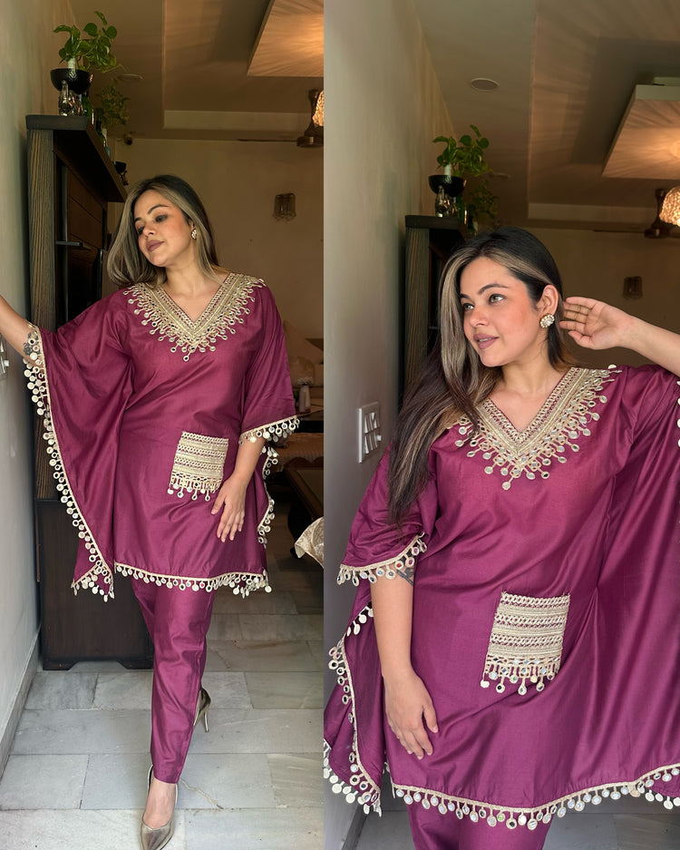 Wine mirror embroidered kaftan set