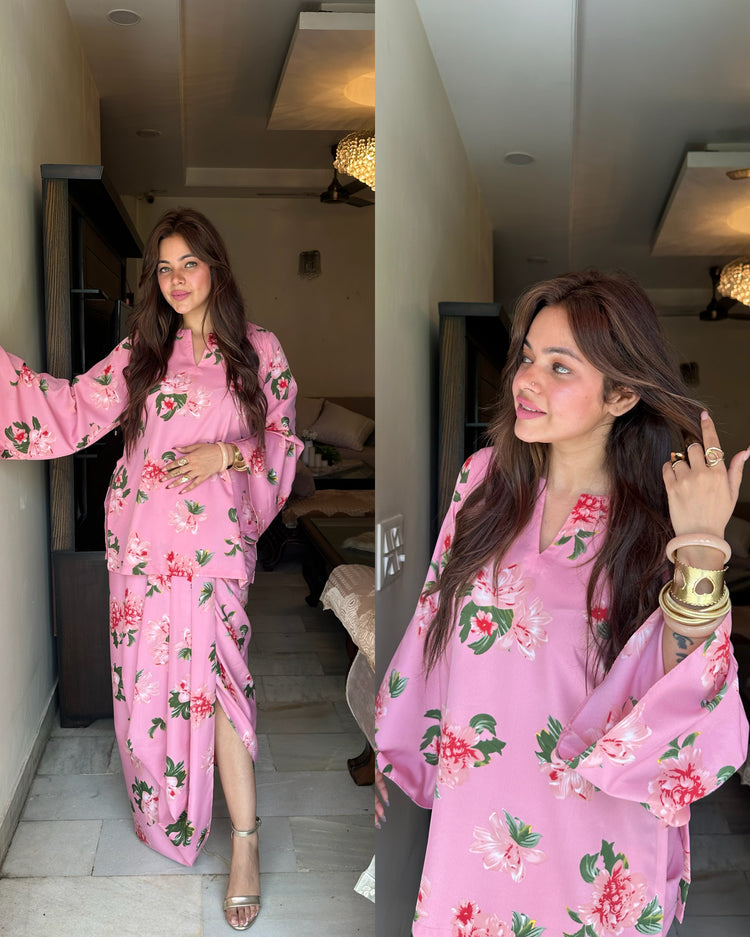 Pink floral lungi set