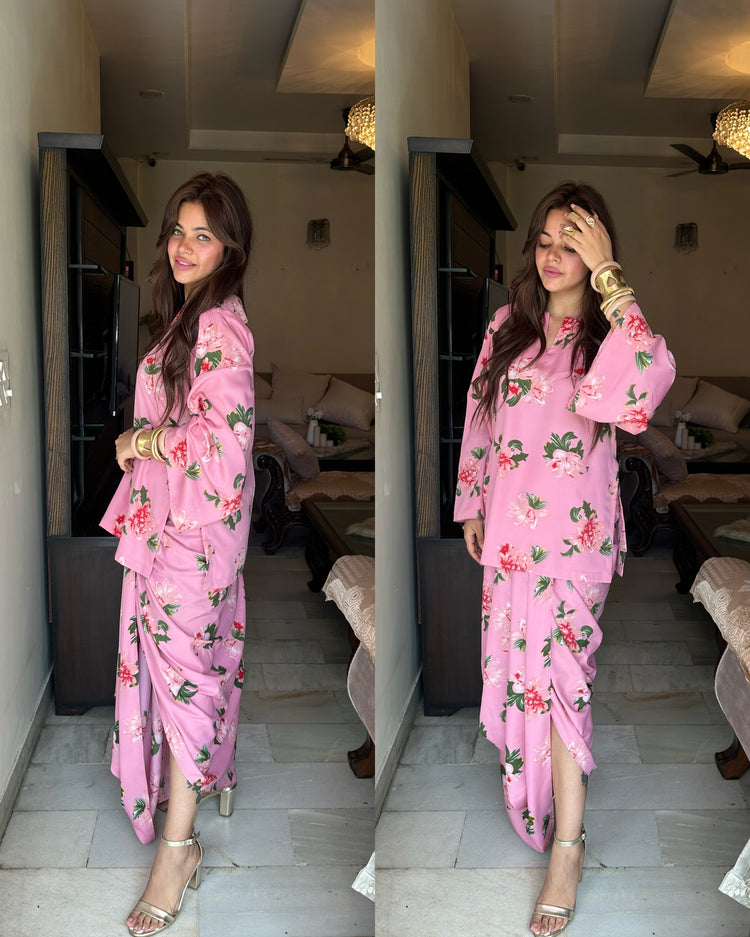 Pink floral lungi set