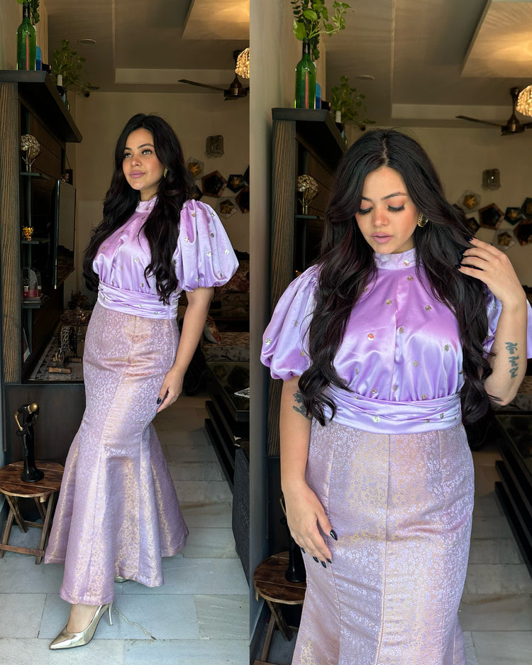 Purple satin silk fish cut gown