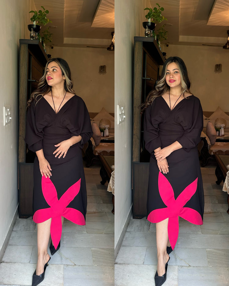 Black pink flower patch dress