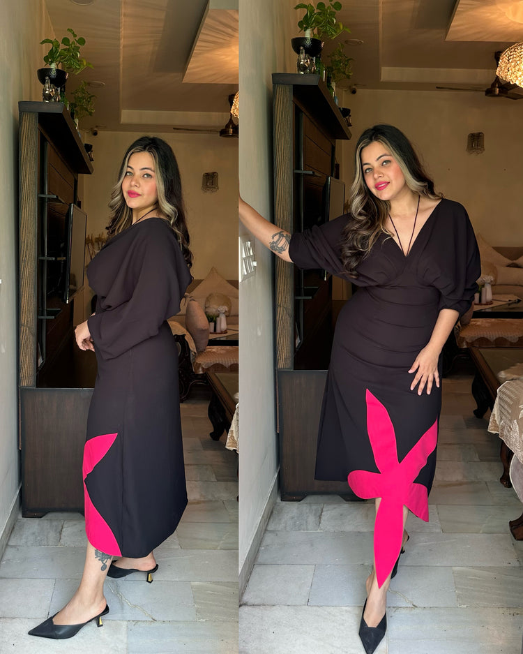 Black pink flower patch dress