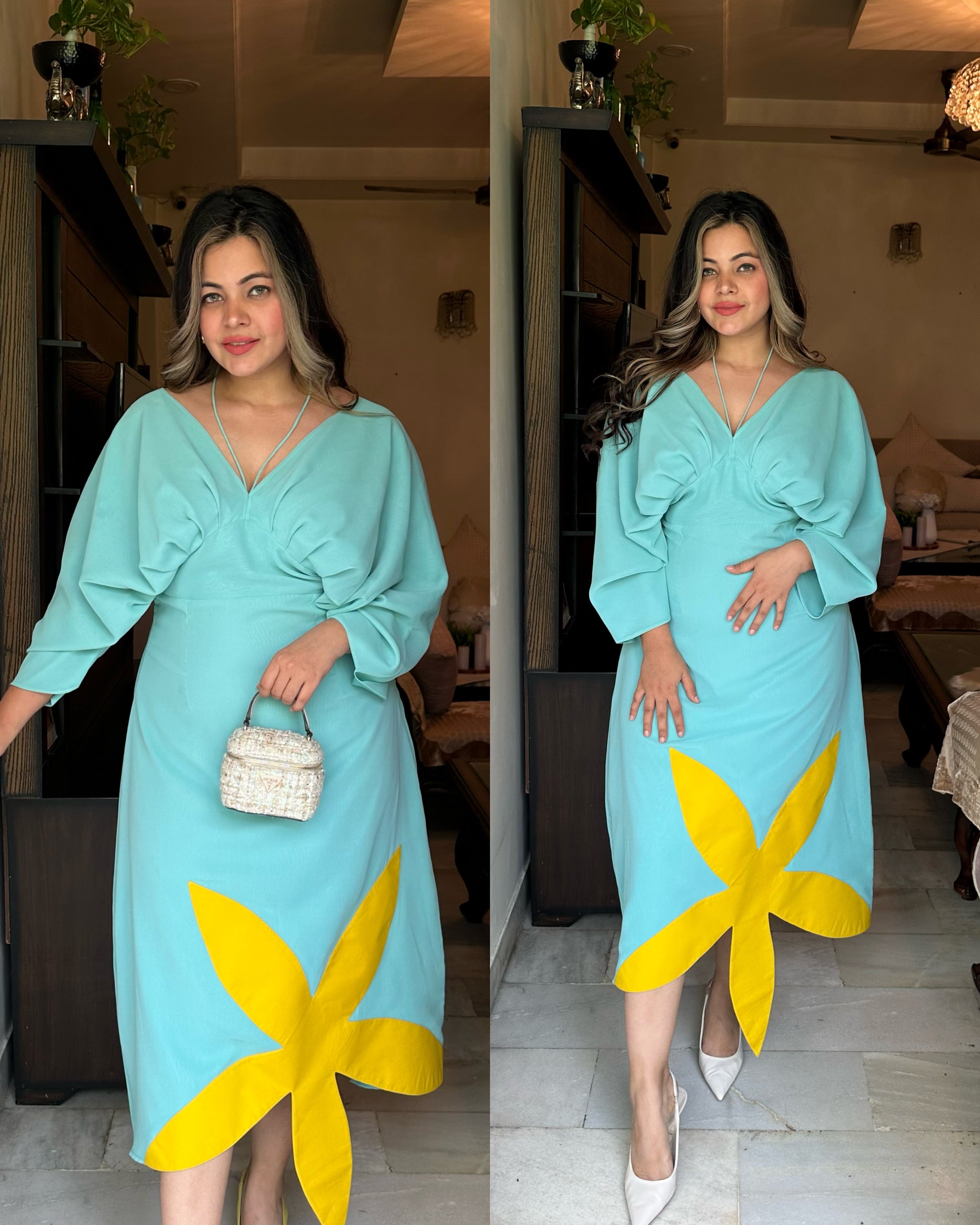 Blue yellow flower patch dress – SRISHTI