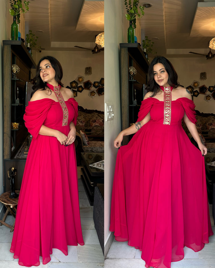 Magenta drape gown with border neckline
