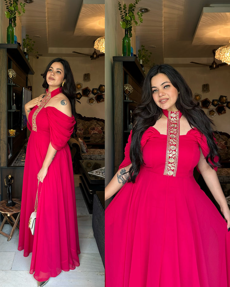 Magenta drape gown with border neckline