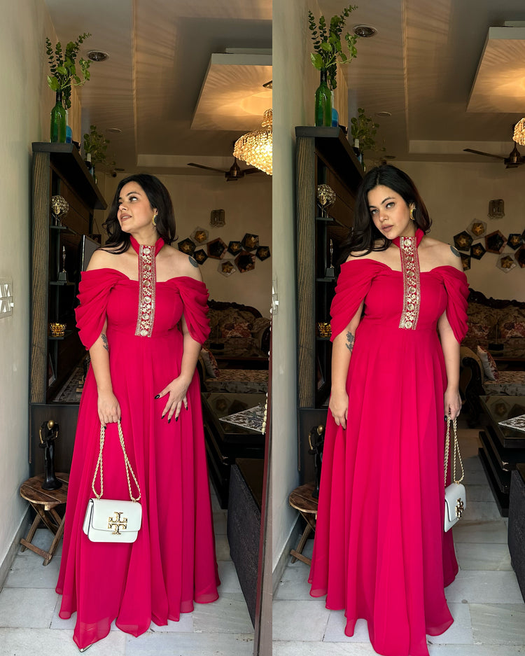 Magenta drape gown with border neckline