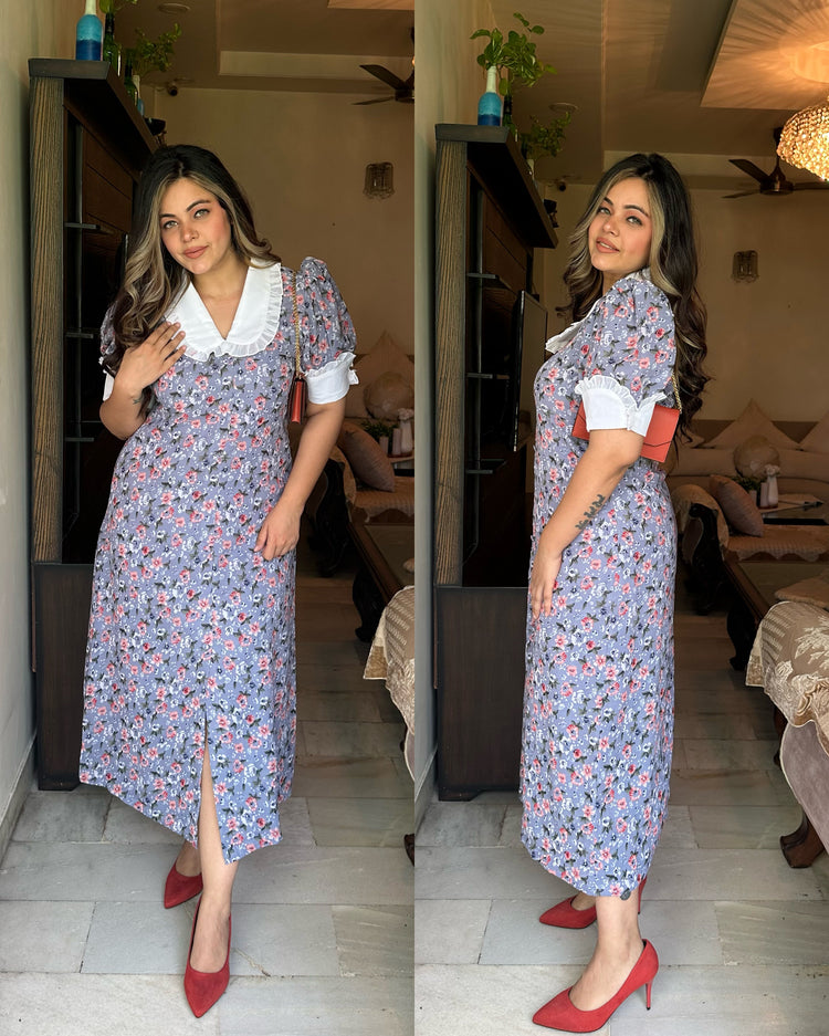 Grey printed frill collar dress