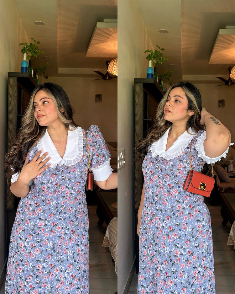 Grey printed frill collar dress