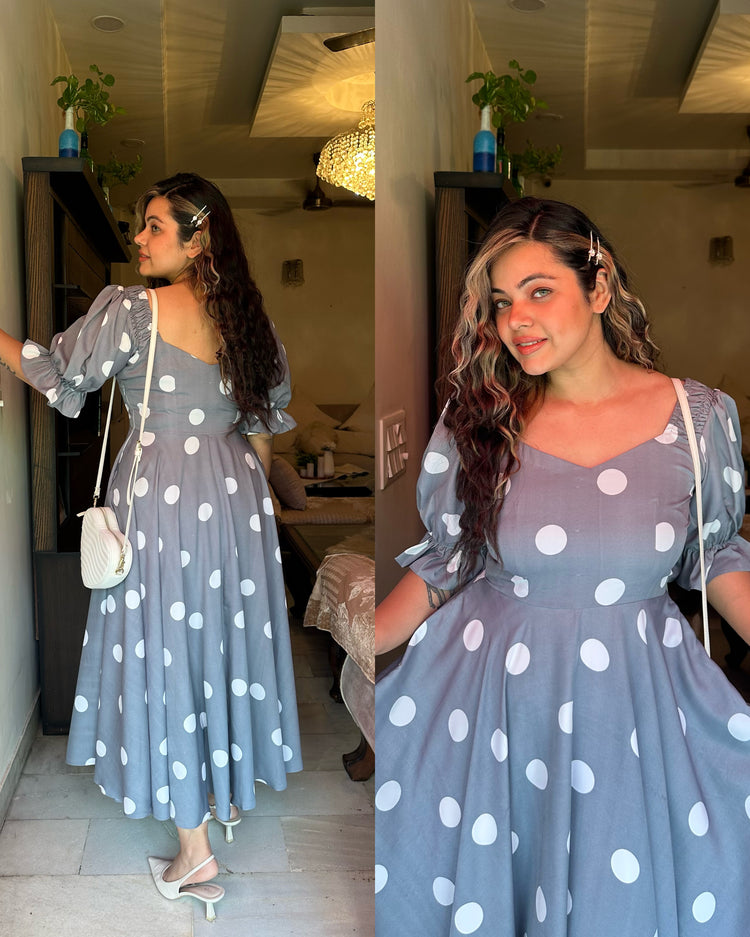 Grey polka flared dress