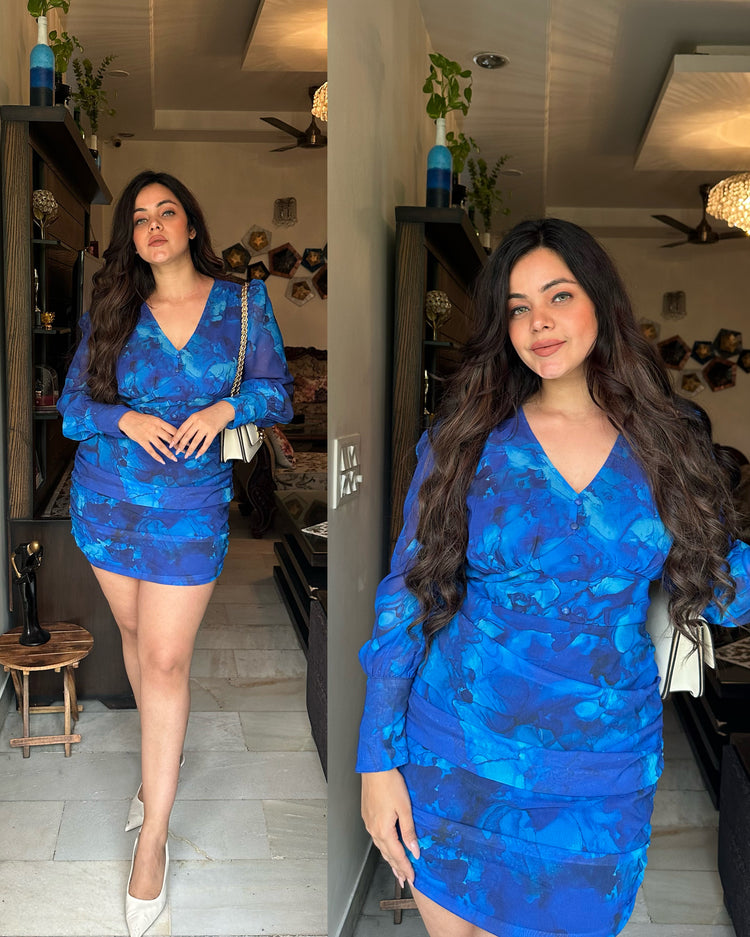 Blue printed drape short dress