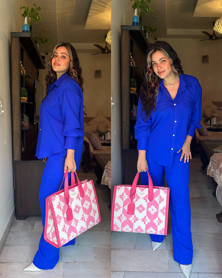 Royal blue solid shirt pant set