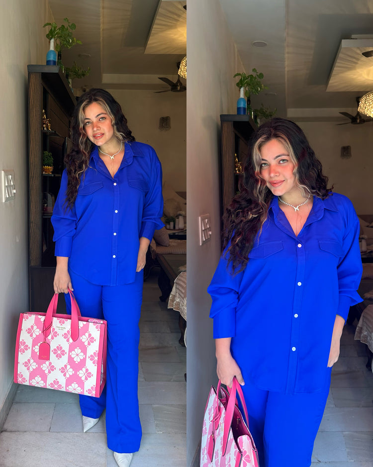Royal blue solid shirt pant set