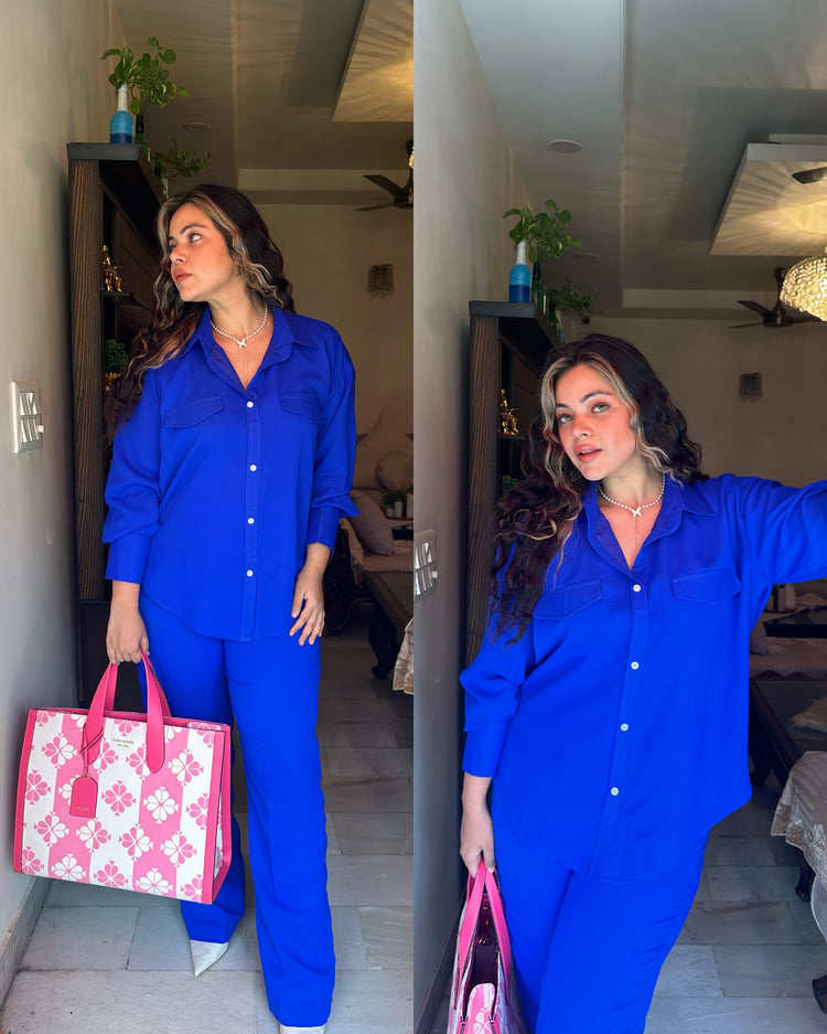 Royal blue solid shirt pant set