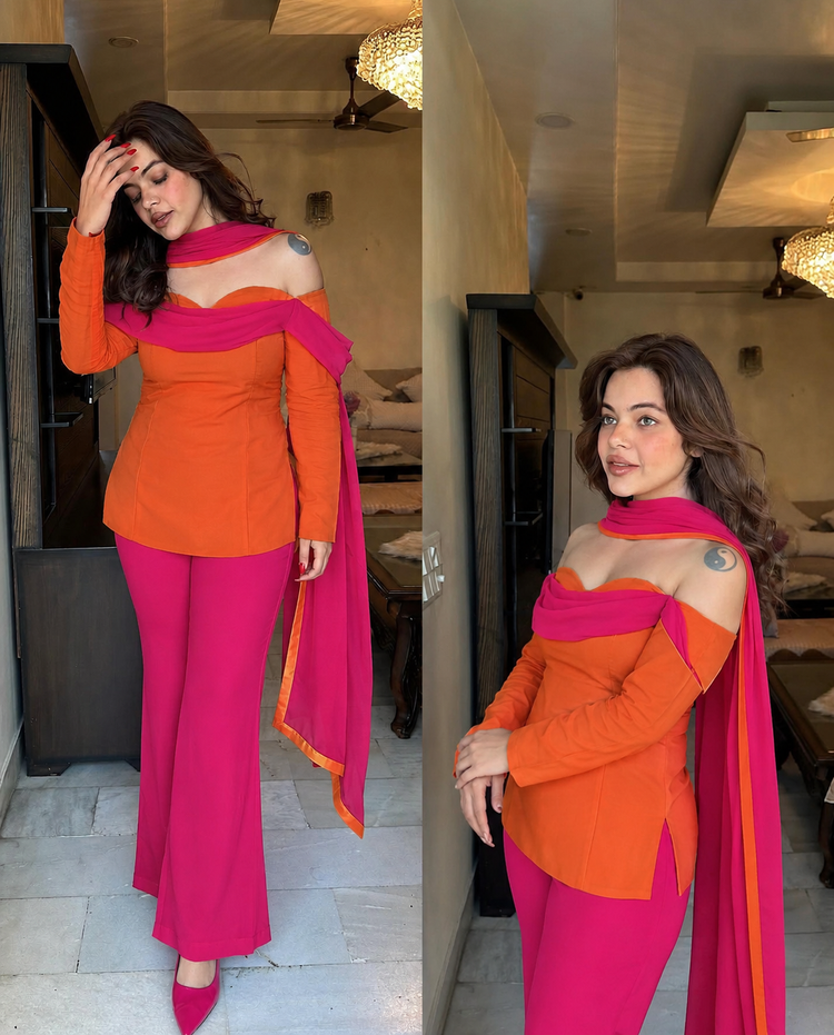 Hot pink orange cowl bell bottoms suit