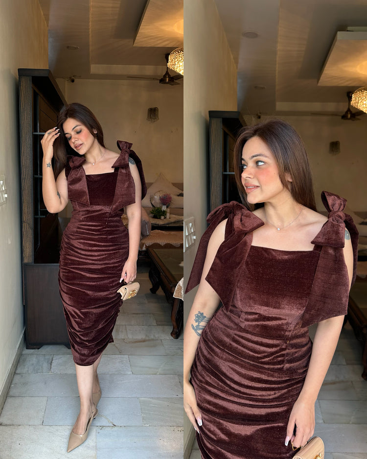Brown velvet bow strap dress