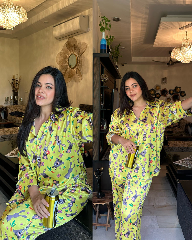 Lime green printed nightsuit