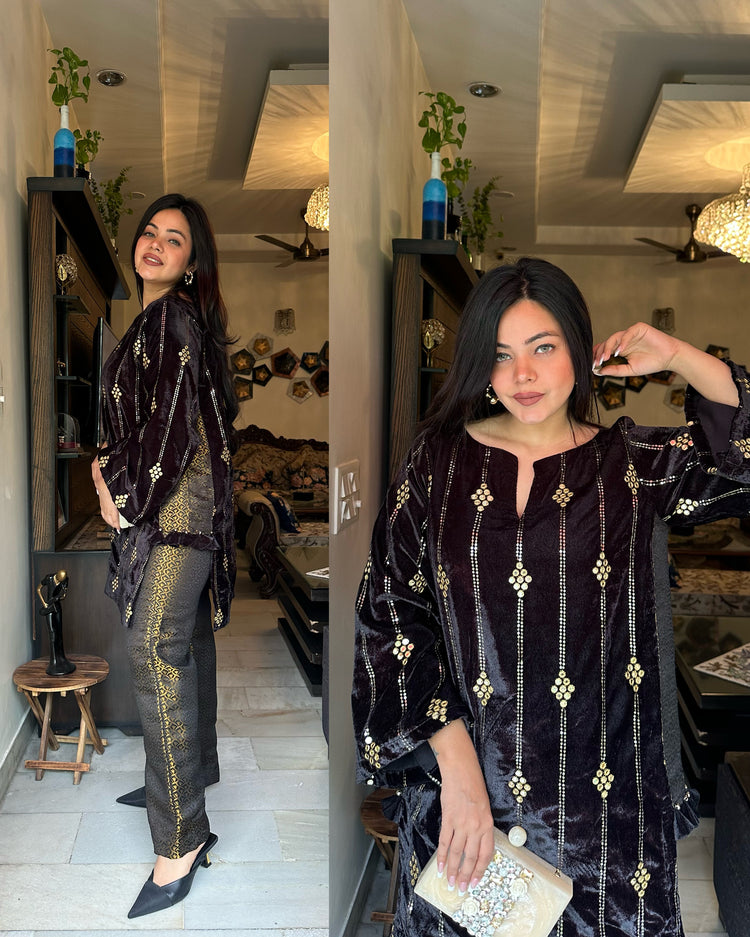 Black velvet mirror embroidered set