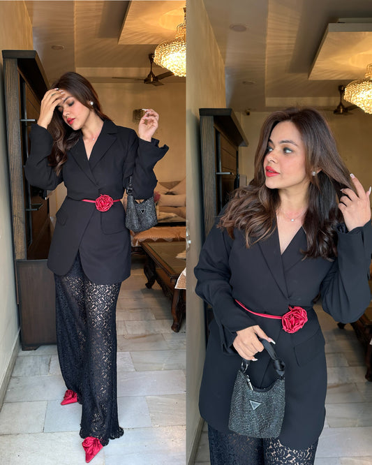 Black blazer self net pants with rose belt