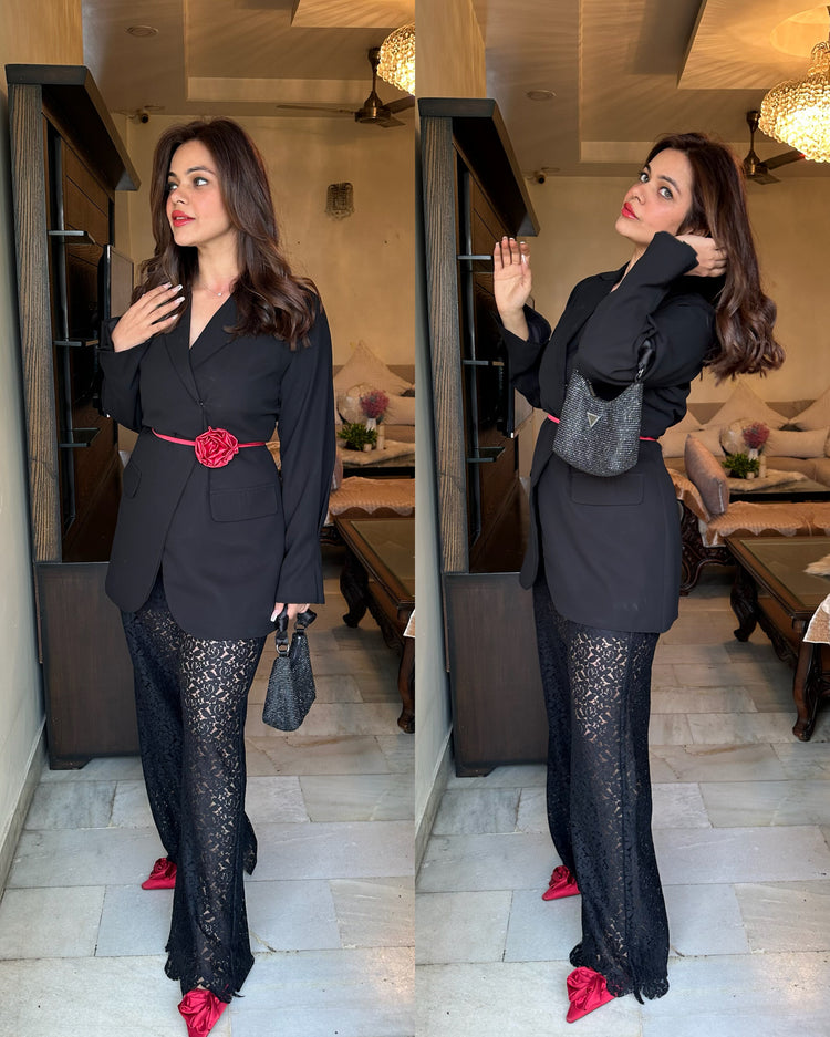 Black blazer self net pants with rose belt