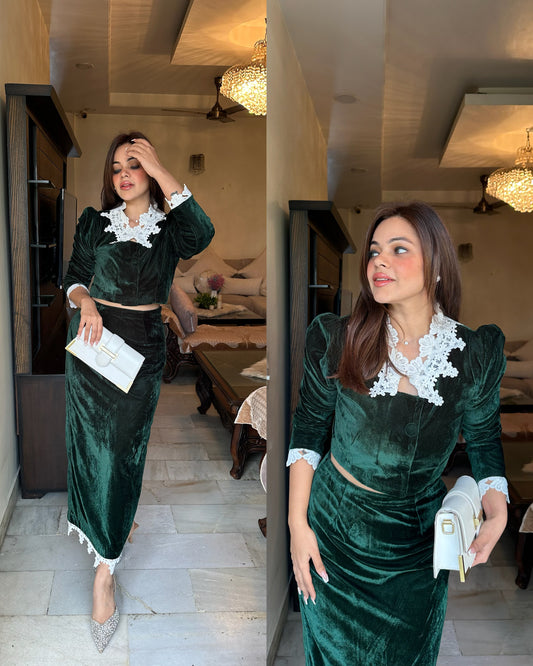 Green velvet skirt top cutwork