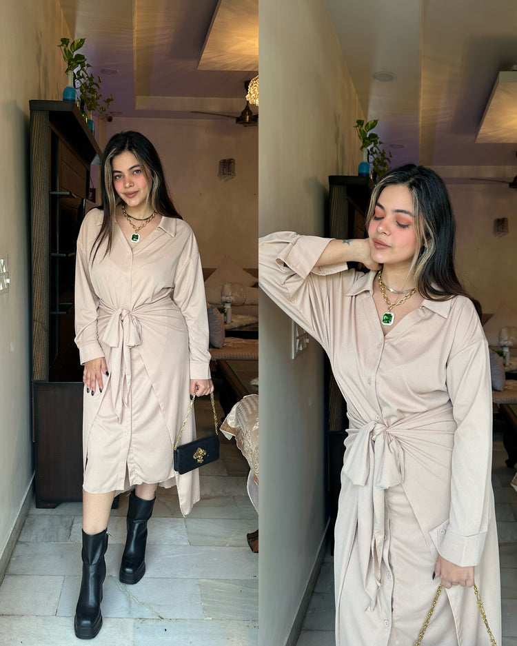 Nude shirt drape skirt set