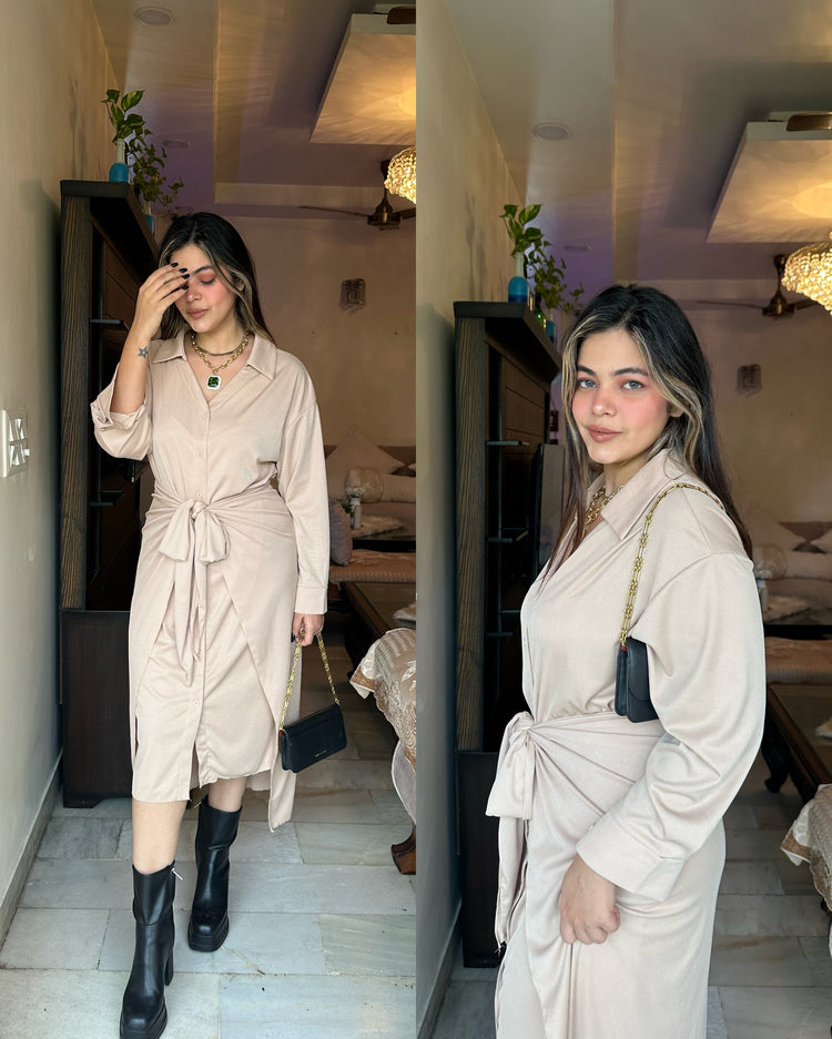 Nude shirt drape skirt set